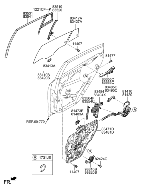 2021 Hyundai Ioniq Rear Door Window Regulator & Glass Diagram