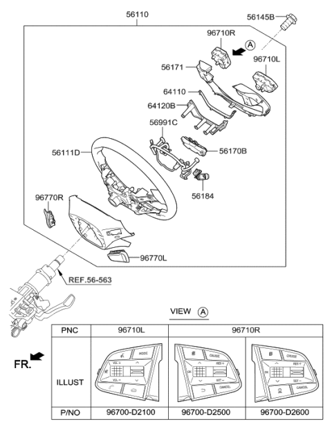 2019 Hyundai Genesis G90 Steering Wheel Assembly Diagram for 56100-D2130-NNB