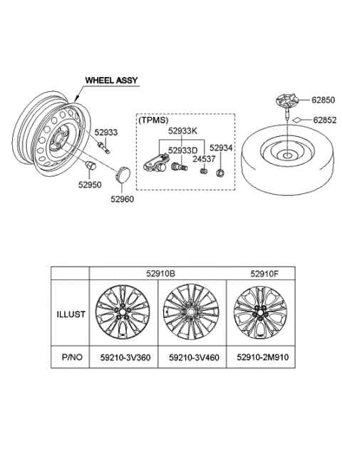 2013 Hyundai Azera Wheel Hub Cap Assembly Diagram for 52960-3V000