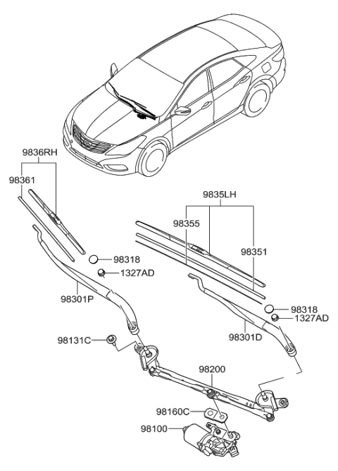 2014 Hyundai Azera Wiper Blade Assembly,Driver Diagram for 98350-3R200