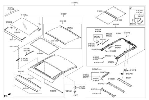 2012 Hyundai Azera Panorama Roof Frame Assembly Diagram for 81610-3V010