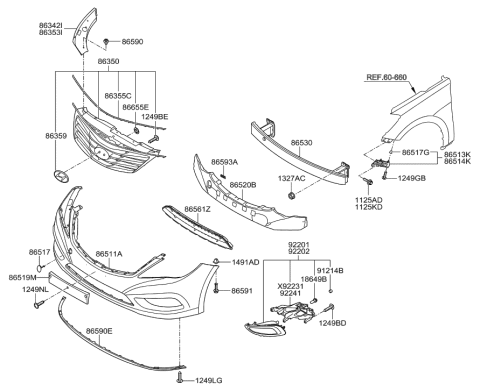 2012 Hyundai Azera Front Bumper Lip Assembly Diagram for 86590-3V000