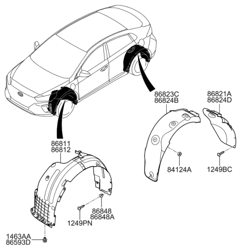 1998 Hyundai Accent Front Wheel Guard Assembly,Left Diagram for 86811-G2000