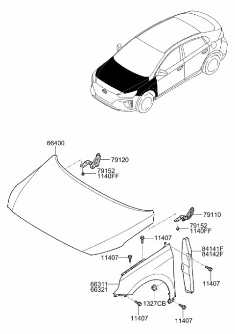 2018 Hyundai Ioniq Electric Fender & Hood Panel Diagram