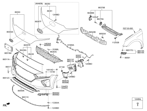 2006 Hyundai Entourage Front Bumper Grille License Plate Moulding Diagram for 86519-G7010