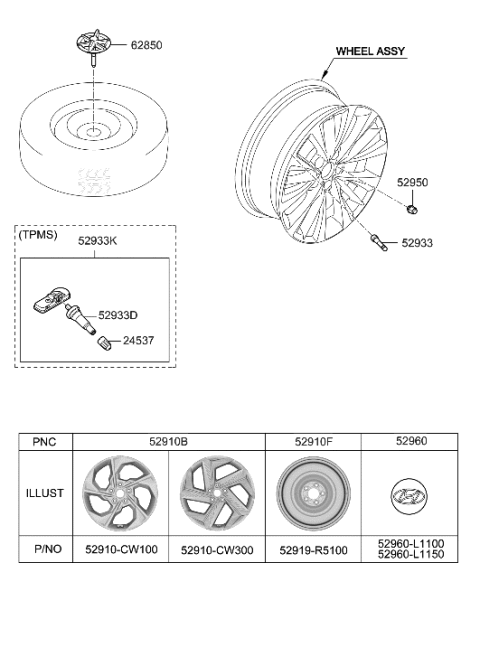 2022 Hyundai Tucson US Alabama made Wheel & Cap Diagram