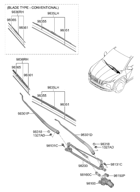 2003 Hyundai Elantra Arm Assy-W/Shld Wpr(Driver) Diagram for 98311-CW000