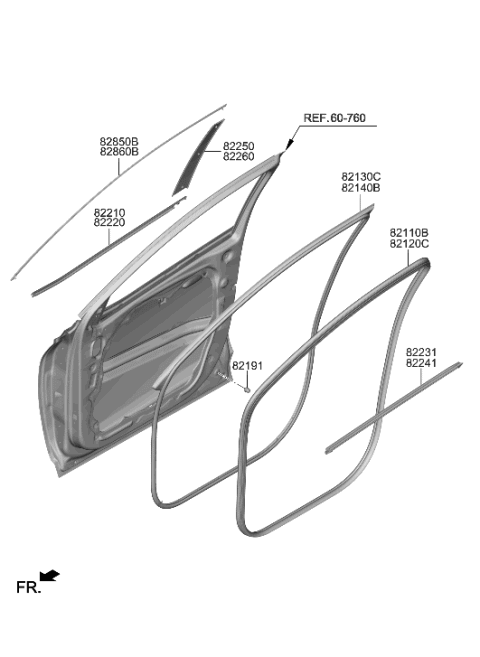 2022 Hyundai Tucson US Alabama made Front Door Moulding Diagram