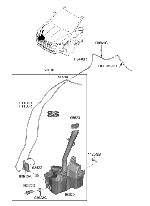 2022 Hyundai Tucson Windshield Washer Motor & Pump Assembly Diagram for 98510-M4000