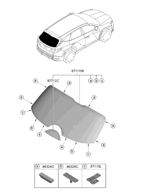 2022 Hyundai Tucson US Alabama made Rear Window Glass & Moulding Diagram