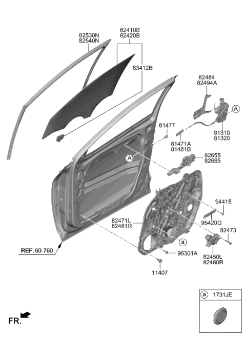 2022 Hyundai Tucson US Alabama made Front Door Window Regulator & Glass Diagram
