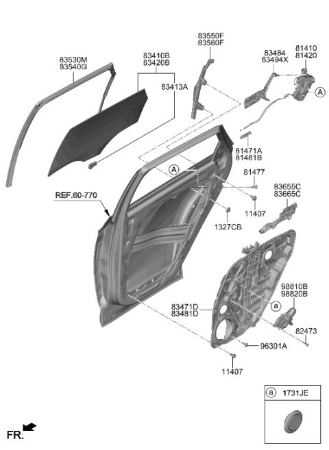 2022 Hyundai Tucson US Alabama made Rear Door Window Regulator & Glass Diagram