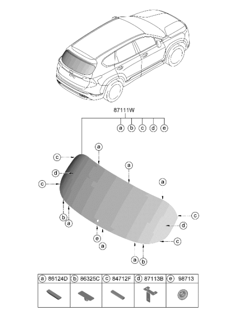 2023 Hyundai Santa Fe Hybrid Rear Window Glass & Moulding Diagram