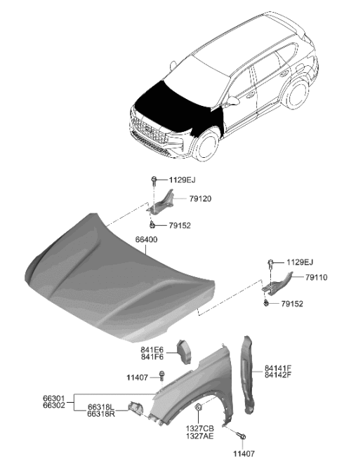 2022 Hyundai Santa Fe Hybrid Fender & Hood Panel Diagram