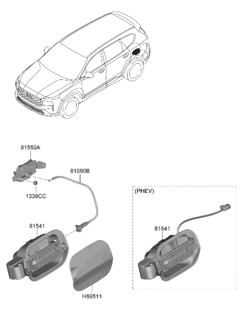 2021 Hyundai Santa Fe Hybrid Fuel Filler Door Panel Assembly Diagram for 69511-S2000