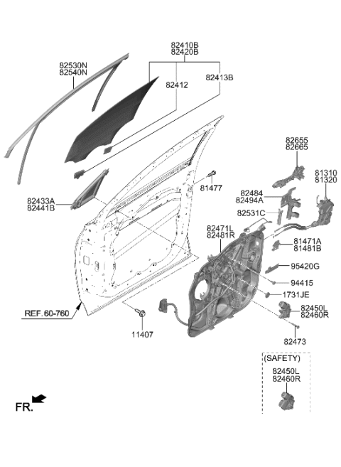 2021 Hyundai Santa Fe Hybrid Run Assembly-FR Dr WDO Glass RH Diagram for 82540-S1000