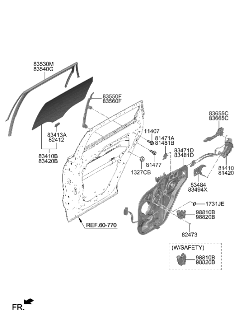 2022 Hyundai Santa Fe Hybrid Rear Door Window Regulator & Glass Diagram