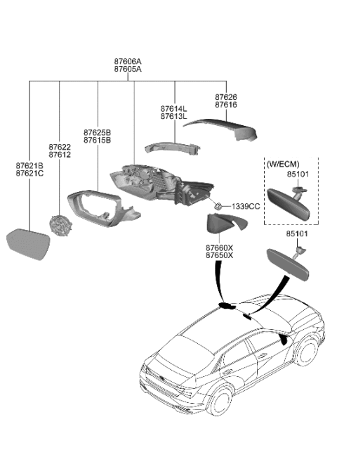 2021 Hyundai Elantra Scalp-O/S RR View Mirror,Lh Diagram for 87616-AB010