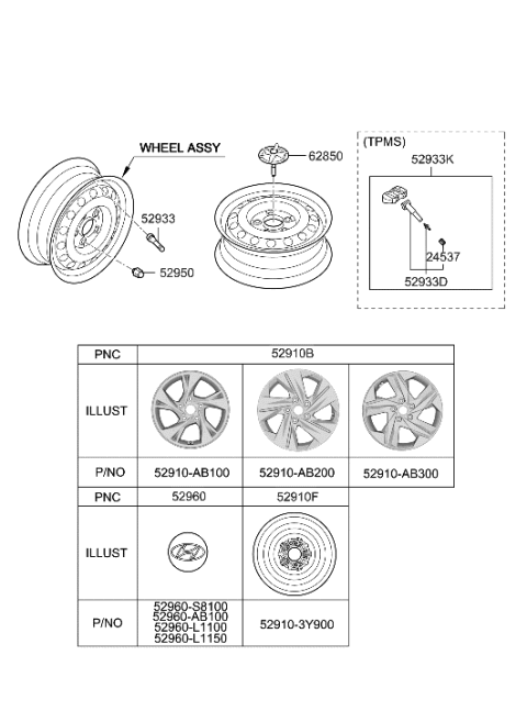 2023 Hyundai Elantra US Alabama made Wheel & Cap Diagram