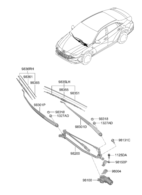 2021 Hyundai Elantra Driver Wiper Blade Assembly Diagram for 98350-H5000