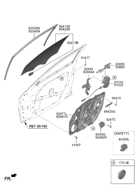 2022 Hyundai Elantra US Alabama made Front Door Window Regulator & Glass Diagram
