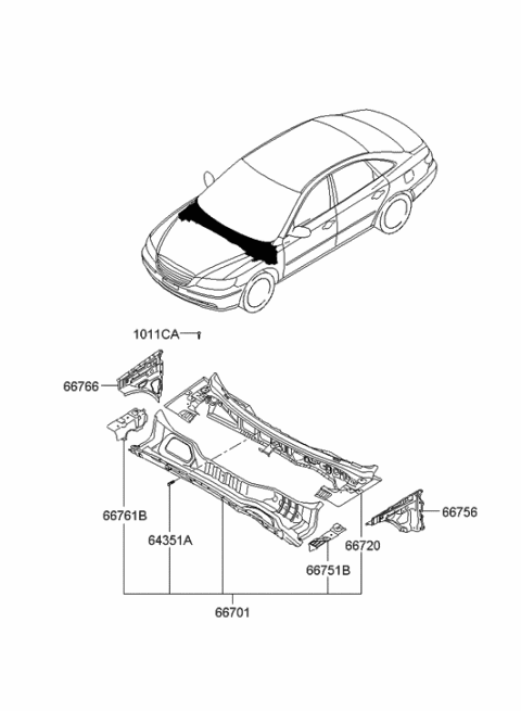 2005 Hyundai Azera Panel Assembly-COWL Side Inner Upper,L Diagram for 66751-3L100