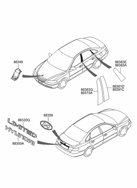 2005 Hyundai Azera Cover-Hood Top Emblem,Lower Diagram for 86329-3L000