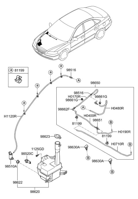 2005 Hyundai Azera Front Windshield Washer Sprayer Nozzle Assembly Diagram for 98630-3L000-S7