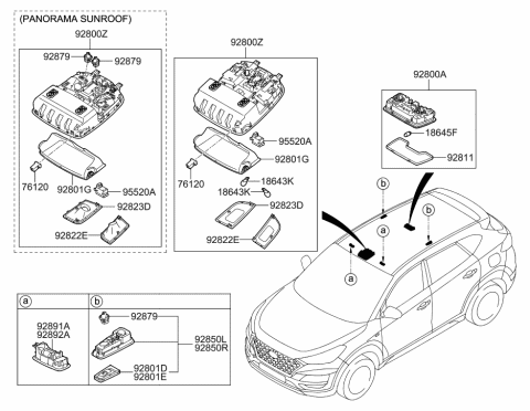 2020 Hyundai Tucson Overhead Console Lamp Assembly Diagram for 92800-D3000-TTX