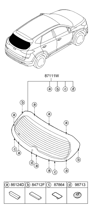 2019 Hyundai Tucson Rear Window Glass & Moulding Diagram