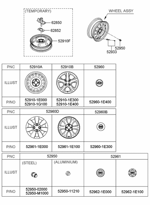 2005 Hyundai Accent New Body Style Wheel & Cap Diagram