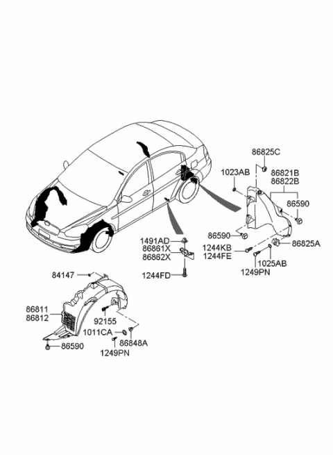 2005 Hyundai Accent Front Wheel Guard Assembly,Left Diagram for 86811-1E000