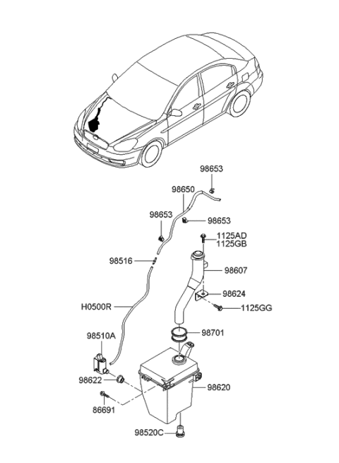 2005 Hyundai Accent Windshield Washer Reservoir Assembly Diagram for 98620-1G000