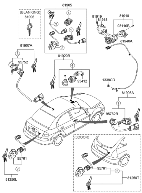 2005 Hyundai Accent New Body Style Key & Cylinder Set Diagram