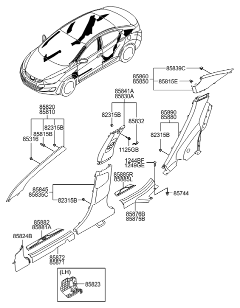 2015 Hyundai Elantra Trim Assembly-Center Pillar Upper LH Diagram for 85830-3Y000-VYF