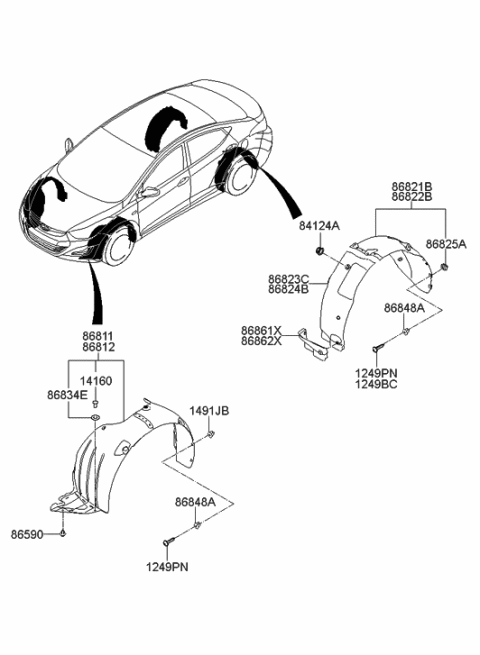 2014 Hyundai Elantra Front Wheel Guard Assembly,Left Diagram for 86811-3Y500