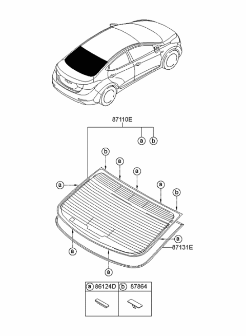 2014 Hyundai Elantra US Alabama made Rear Window Glass & Moulding Diagram