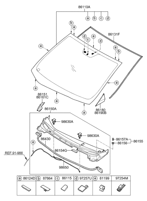 2014 Hyundai Elantra US Alabama made Windshield Glass Diagram