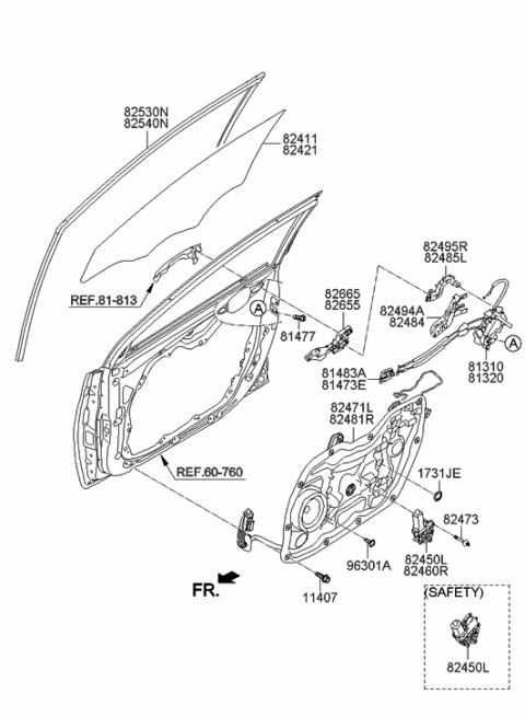 2014 Hyundai Elantra US Alabama made Front Door Window Regulator & Glass Diagram