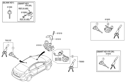 2014 Hyundai Elantra US Alabama made Key & Cylinder Set Diagram