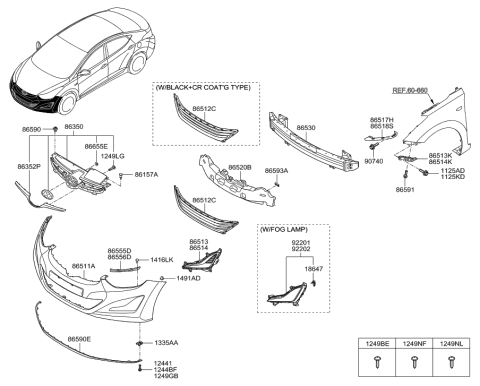 2015 Hyundai Elantra Front Upper Bumper Grill Radiator Grille Assembly Diagram for 86350-3Y500