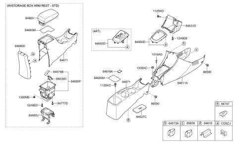 2011 Hyundai Accent Console Armrest Assembly Diagram for 84660-1R100-SBP