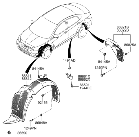 2013 Hyundai Accent Front Wheel Guard Assembly,Right Diagram for 86812-1R000