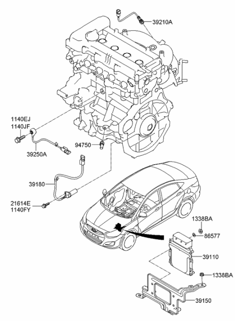 2014 Hyundai Accent Computer Brain Engine Control Module Diagram for 39110-2BAS9