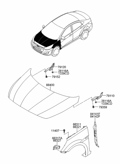2013 Hyundai Accent Fender & Hood Panel Diagram