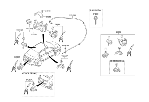 2013 Hyundai Accent Lock Key & Cylinder Set Diagram for 81905-1R301