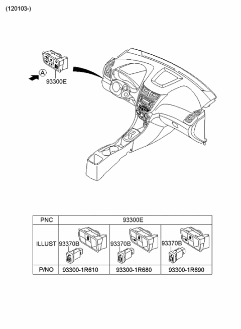 2011 Hyundai Accent Complete-Crash Pad Lower Switch Diagram for 93300-1R680-RY