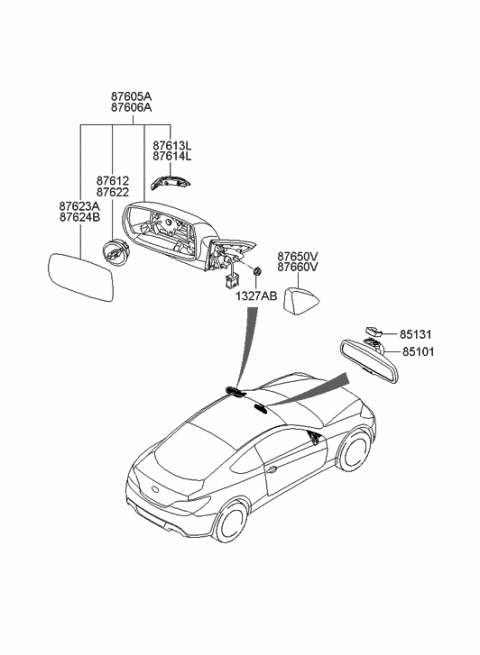 2008 Hyundai Genesis Coupe Mirror Assembly-Outside Rear View,RH Diagram for 87620-2M100