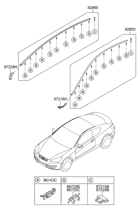 2009 Hyundai Genesis Coupe Clip-Roof Moulding Mounting Diagram for 87216-2M000