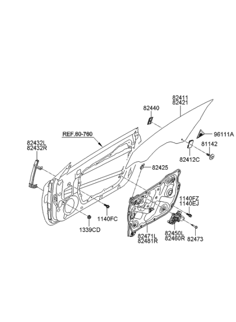 2010 Hyundai Genesis Coupe Front Door Window Regulator & Glass Diagram